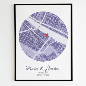 Crea tu mapa de boda único: Personaliza con nombres, fecha y coordenadas.