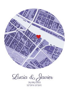 Crea tu mapa de boda único: Personaliza con nombres, fecha y coordenadas.