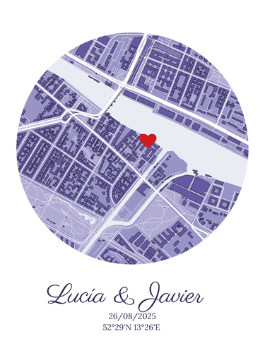 Crea tu mapa de boda único: Personaliza con nombres, fecha y coordenadas.