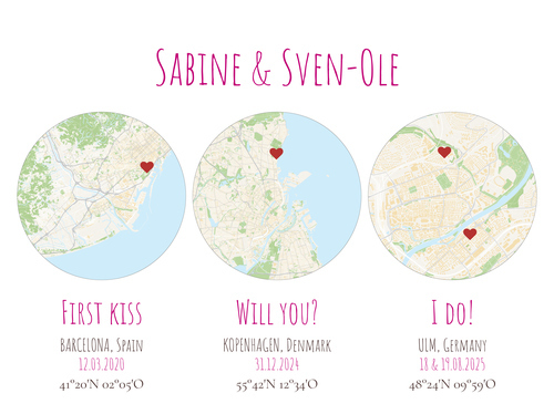 Póster 3 mapas de ciudad: personaliza tus hitos de pareja con nombres fechas y coordenadas